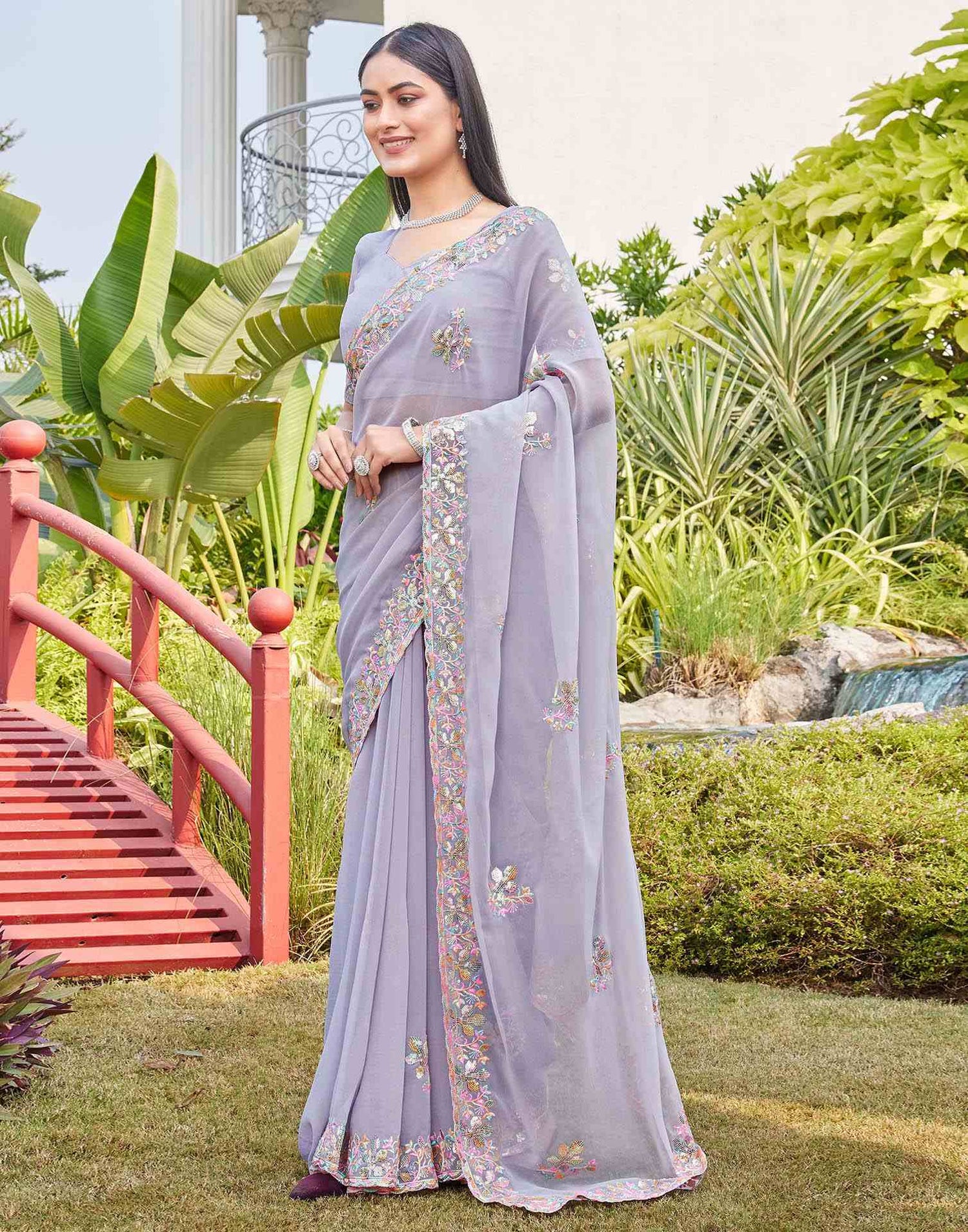 Grey Georgette Sequence Embroidery Saree
