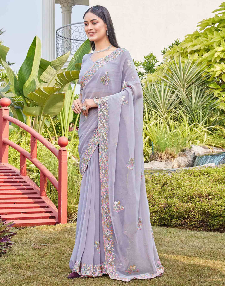 Grey Georgette Sequence Embroidery Saree