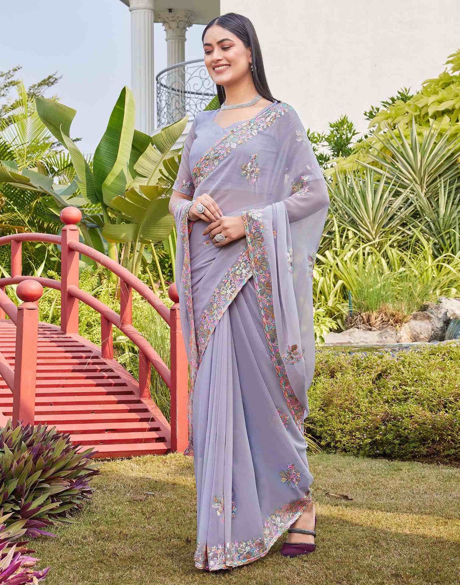 Grey Georgette Sequence Embroidery Saree