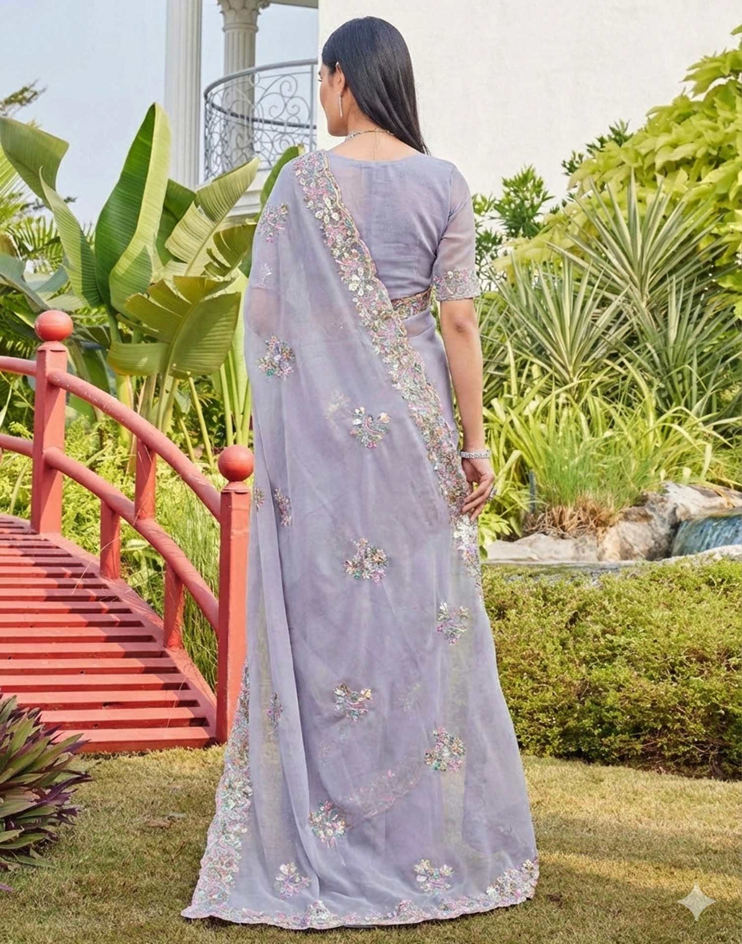 Grey Georgette Sequence Embroidery Saree