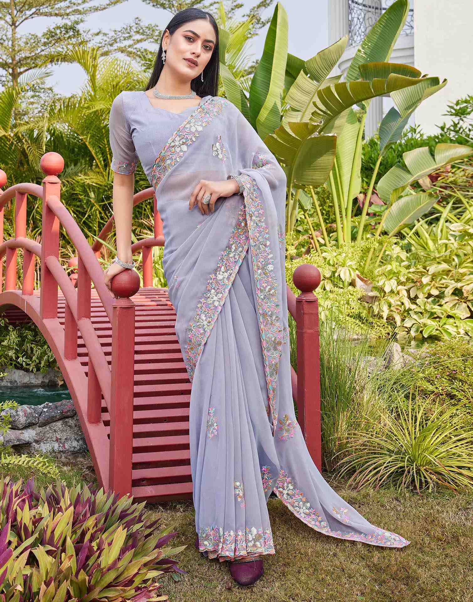 Grey Georgette Sequence Embroidery Saree