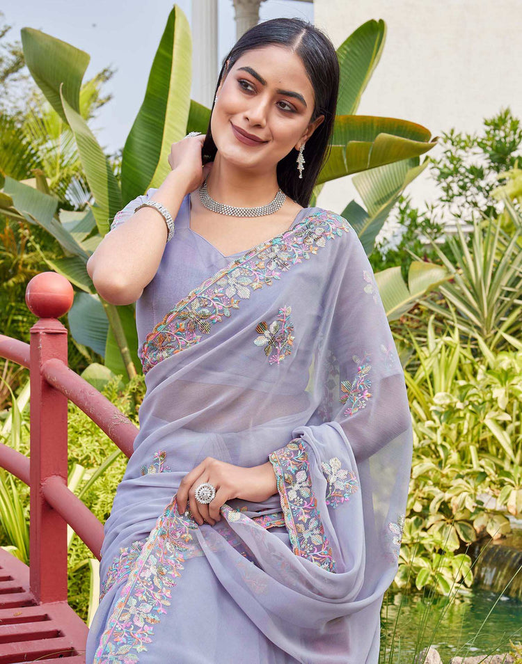 Grey Georgette Sequence Embroidery Saree