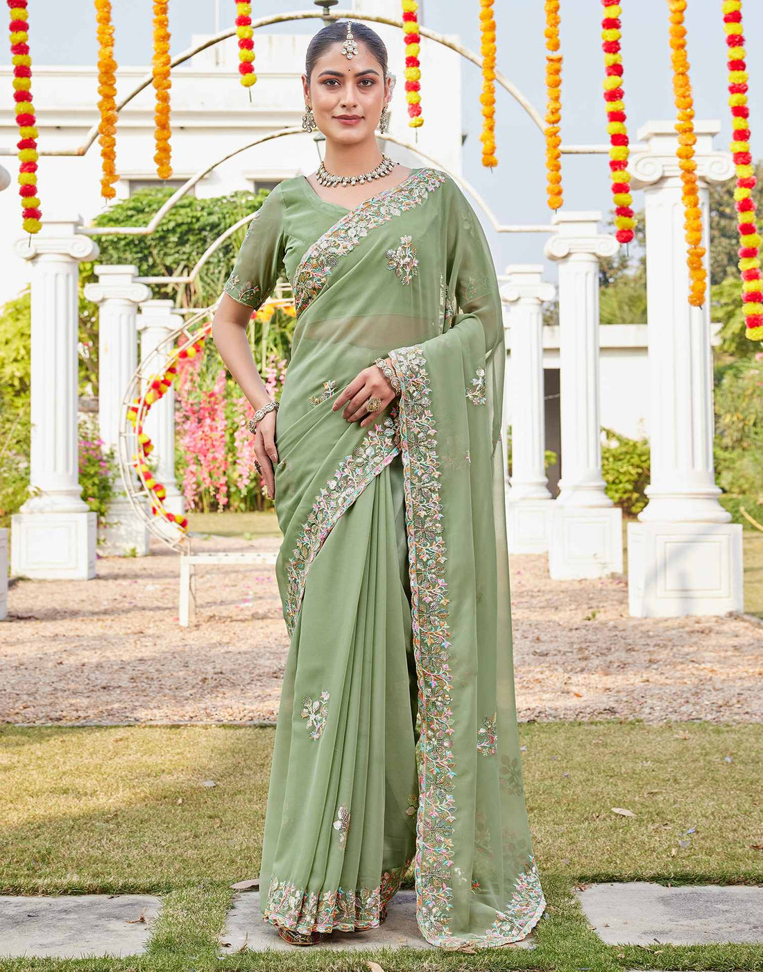Pista Green Georgette Sequence Embroidery Saree