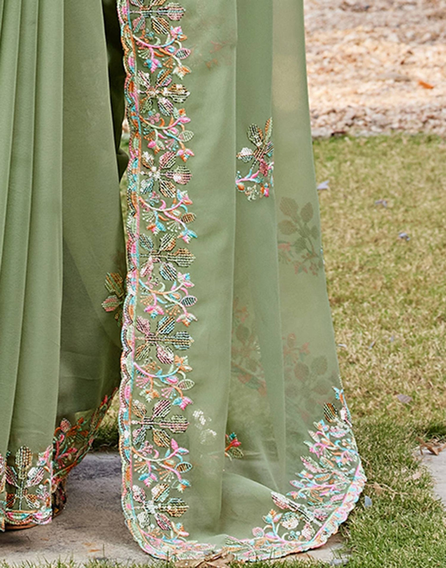 Pista Green Georgette Sequence Embroidery Saree