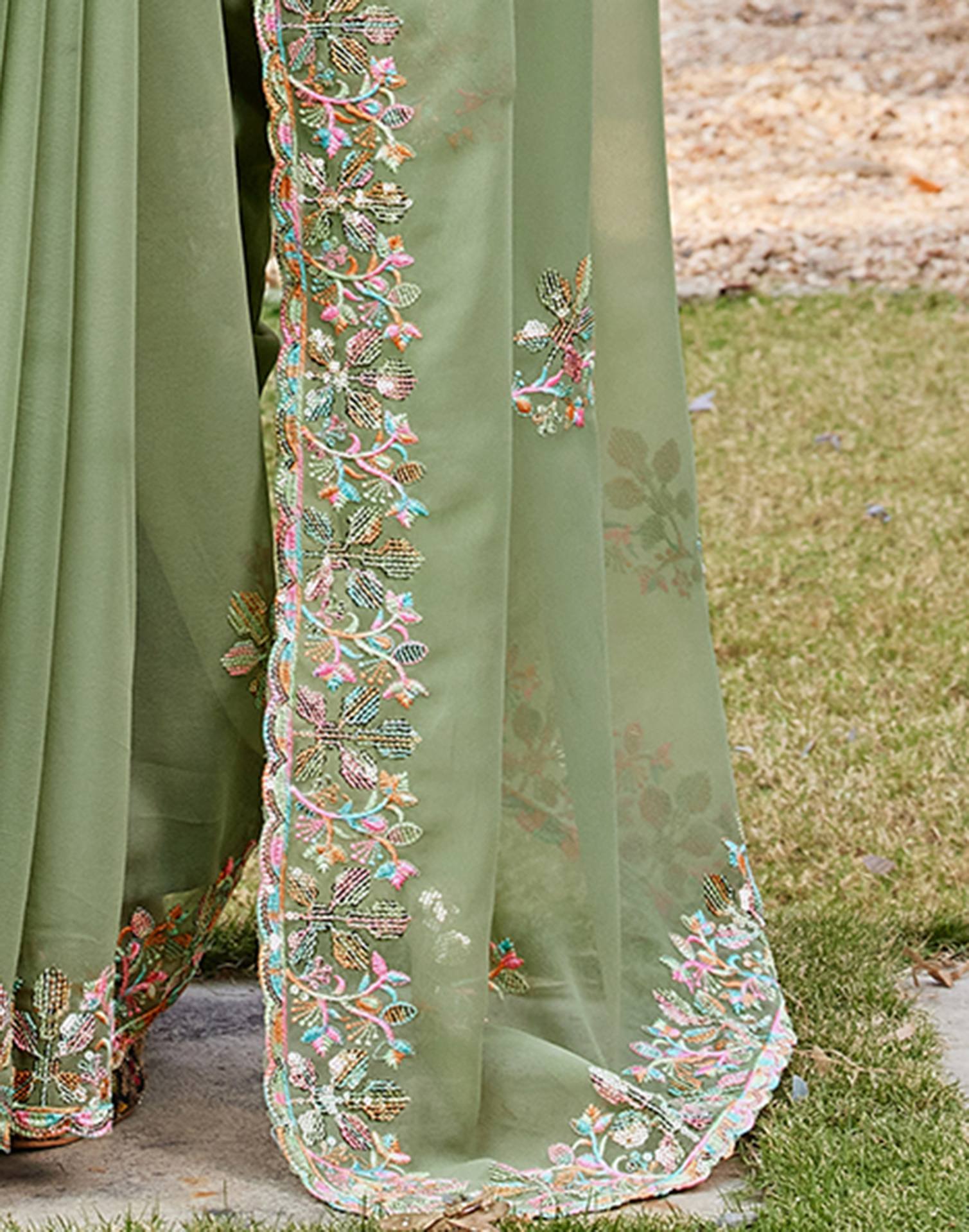 Pista Green Georgette Sequence Embroidery Saree