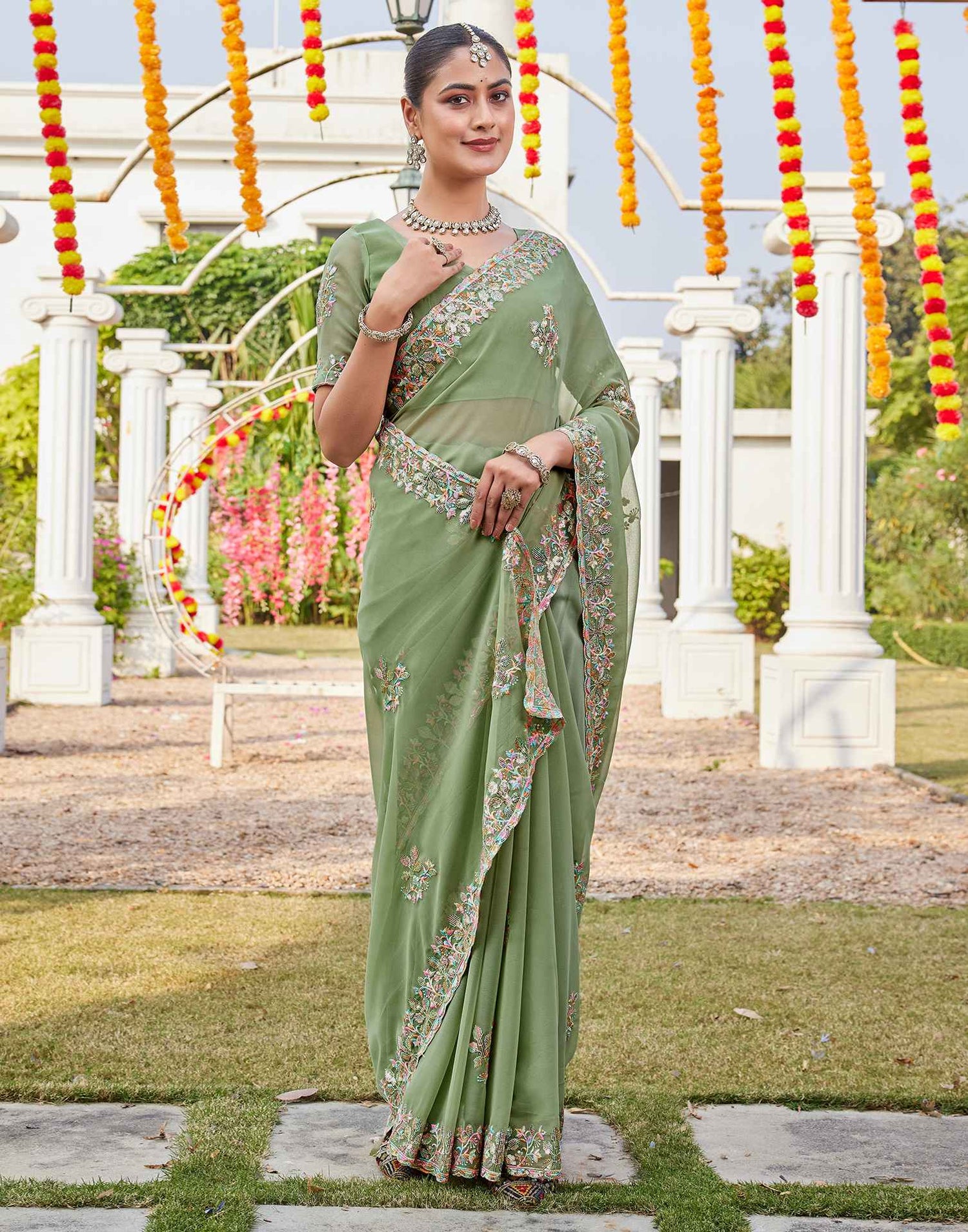 Pista Green Georgette Sequence Embroidery Saree