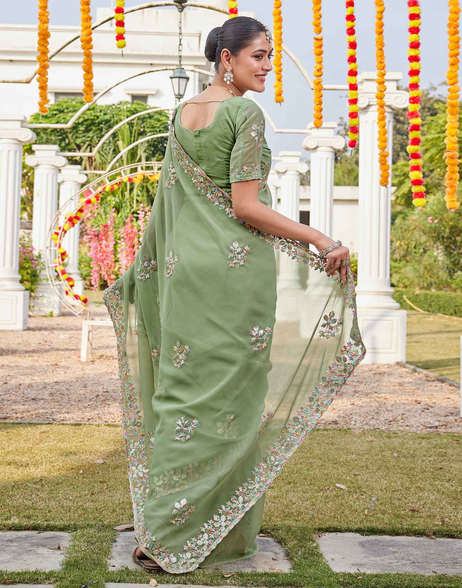 Pista Green Georgette Sequence Embroidery Saree