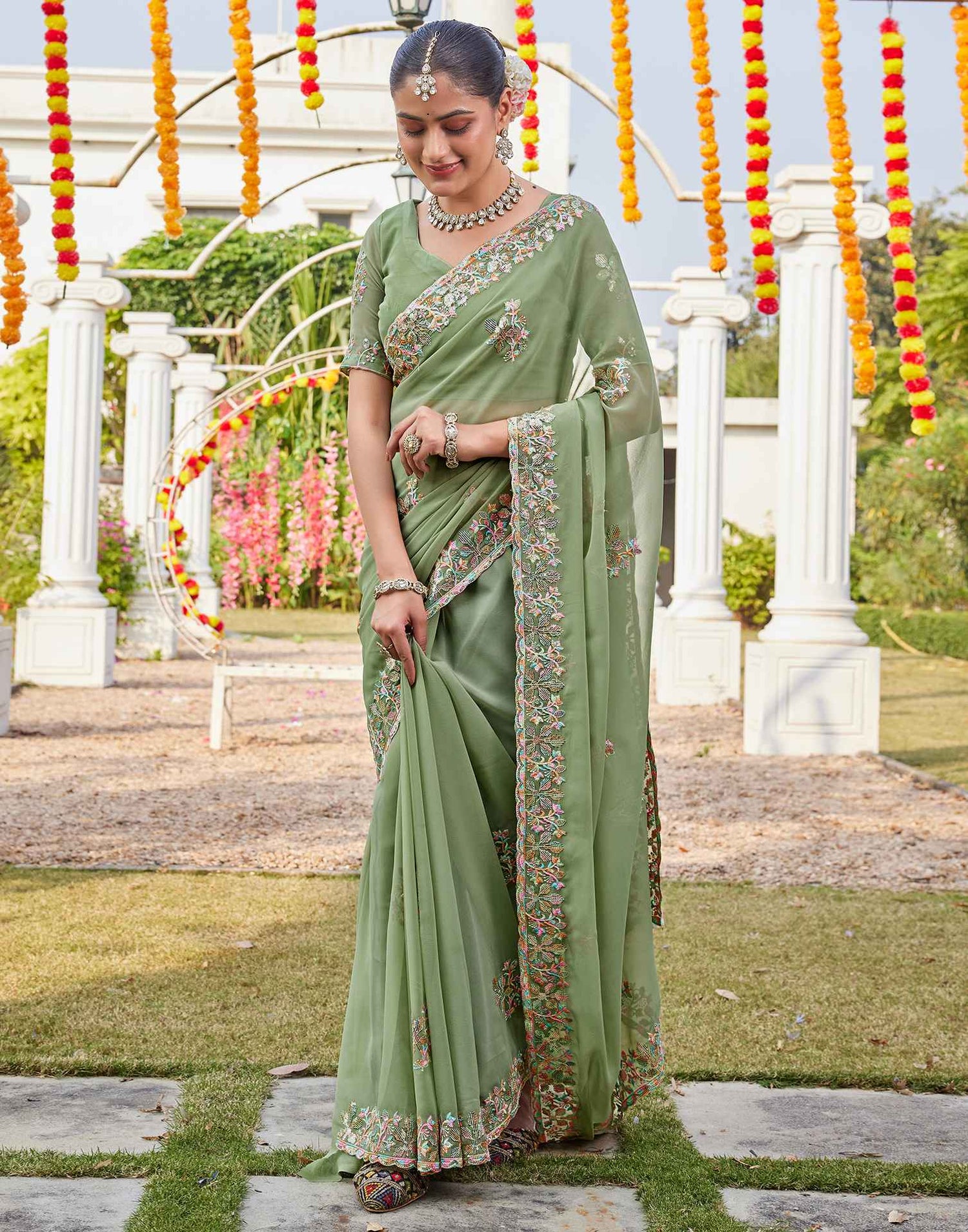 Pista Green Georgette Sequence Embroidery Saree