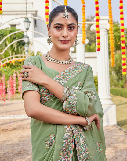 Pista Green Georgette Sequence Embroidery Saree