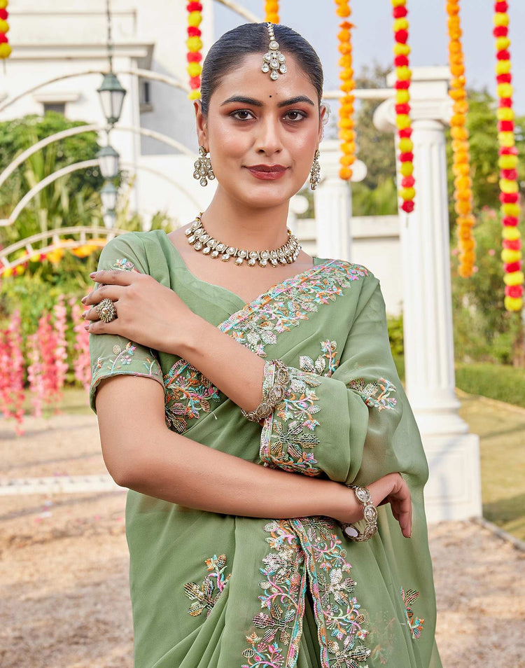 Pista Green Georgette Sequence Embroidery Saree