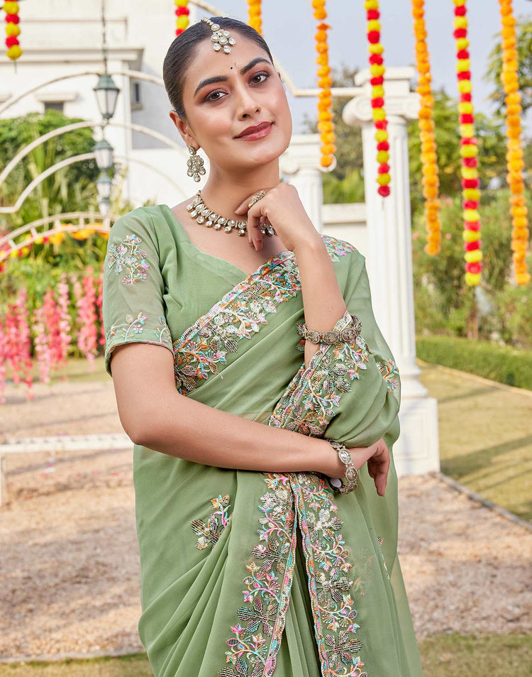 Pista Green Georgette Sequence Embroidery Saree