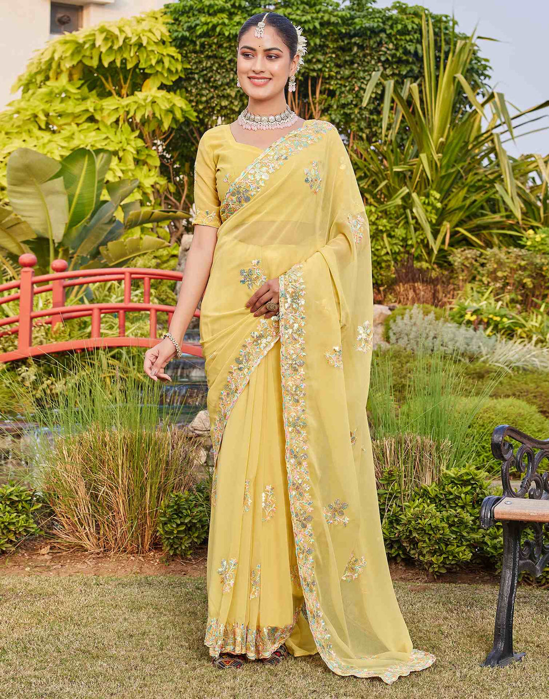 Light Yellow Georgette Sequence Embroidery Saree