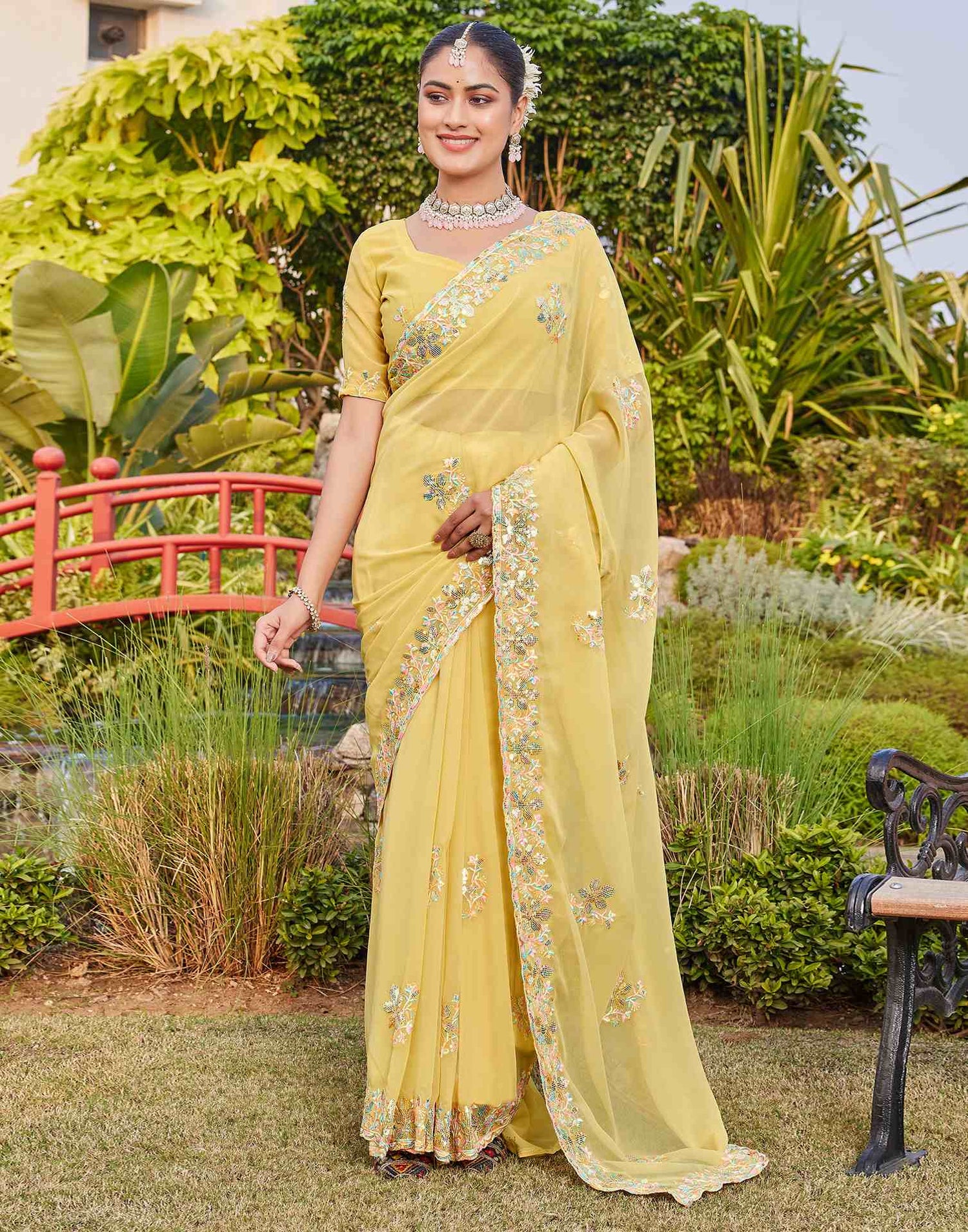 Light Yellow Georgette Sequence Embroidery Saree