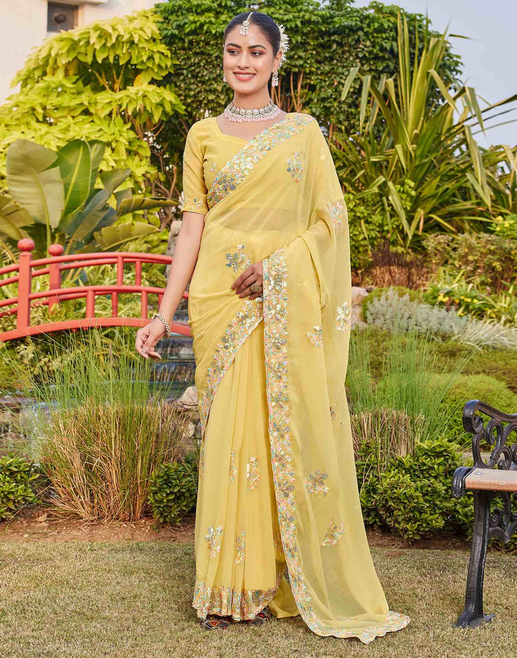 Light Yellow Georgette Sequence Embroidery Saree