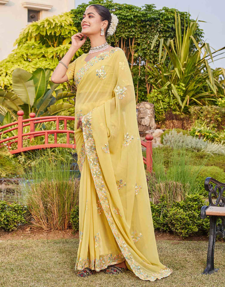 Light Yellow Georgette Sequence Embroidery Saree