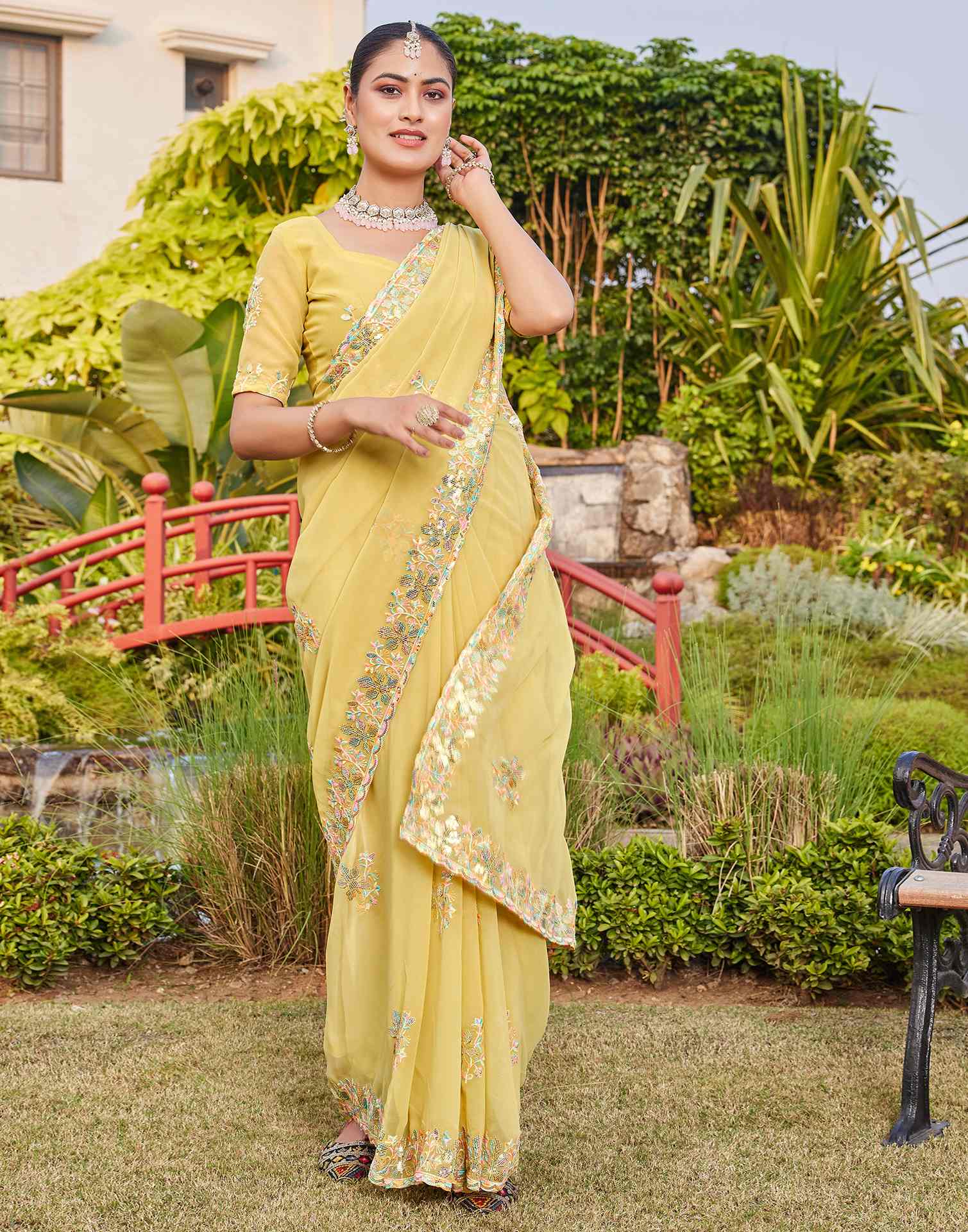 Light Yellow Georgette Sequence Embroidery Saree