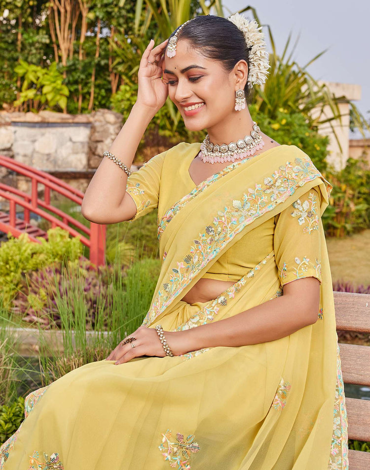 Light Yellow Georgette Sequence Embroidery Saree