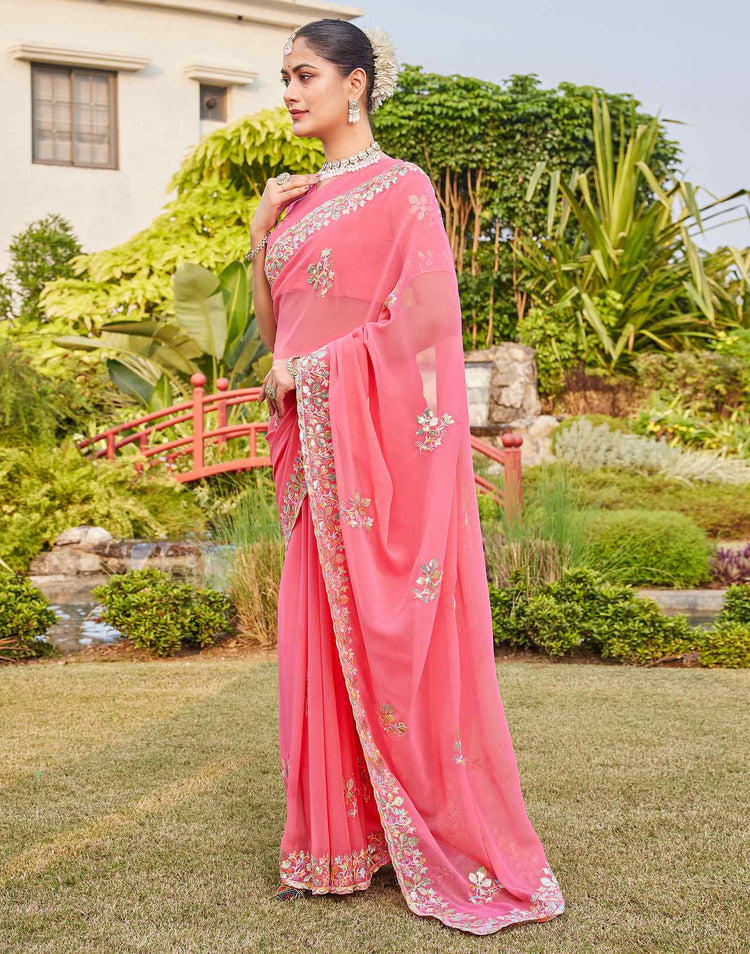 Pink Georgette Sequence Embroidery Saree