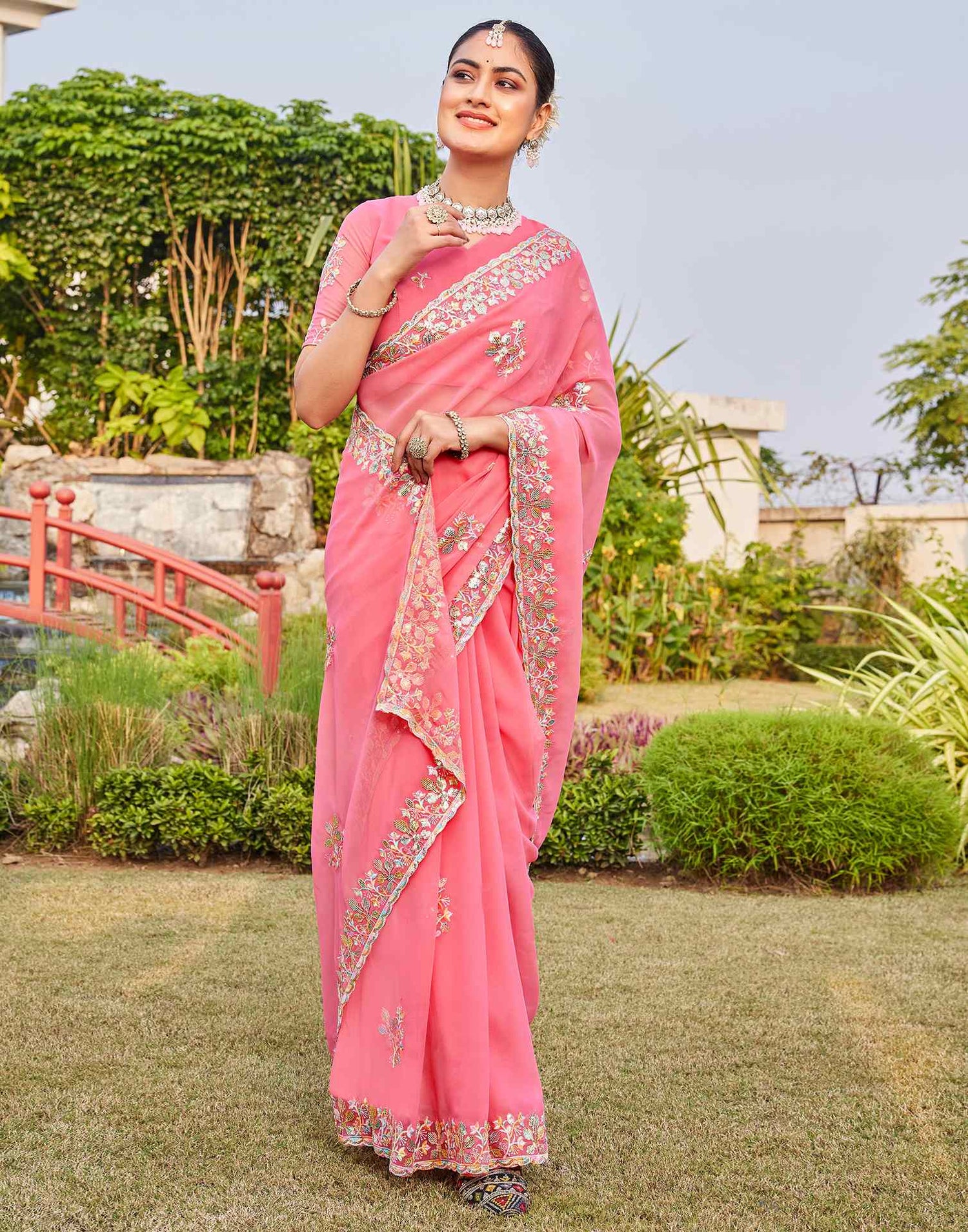 Pink Georgette Sequence Embroidery Saree