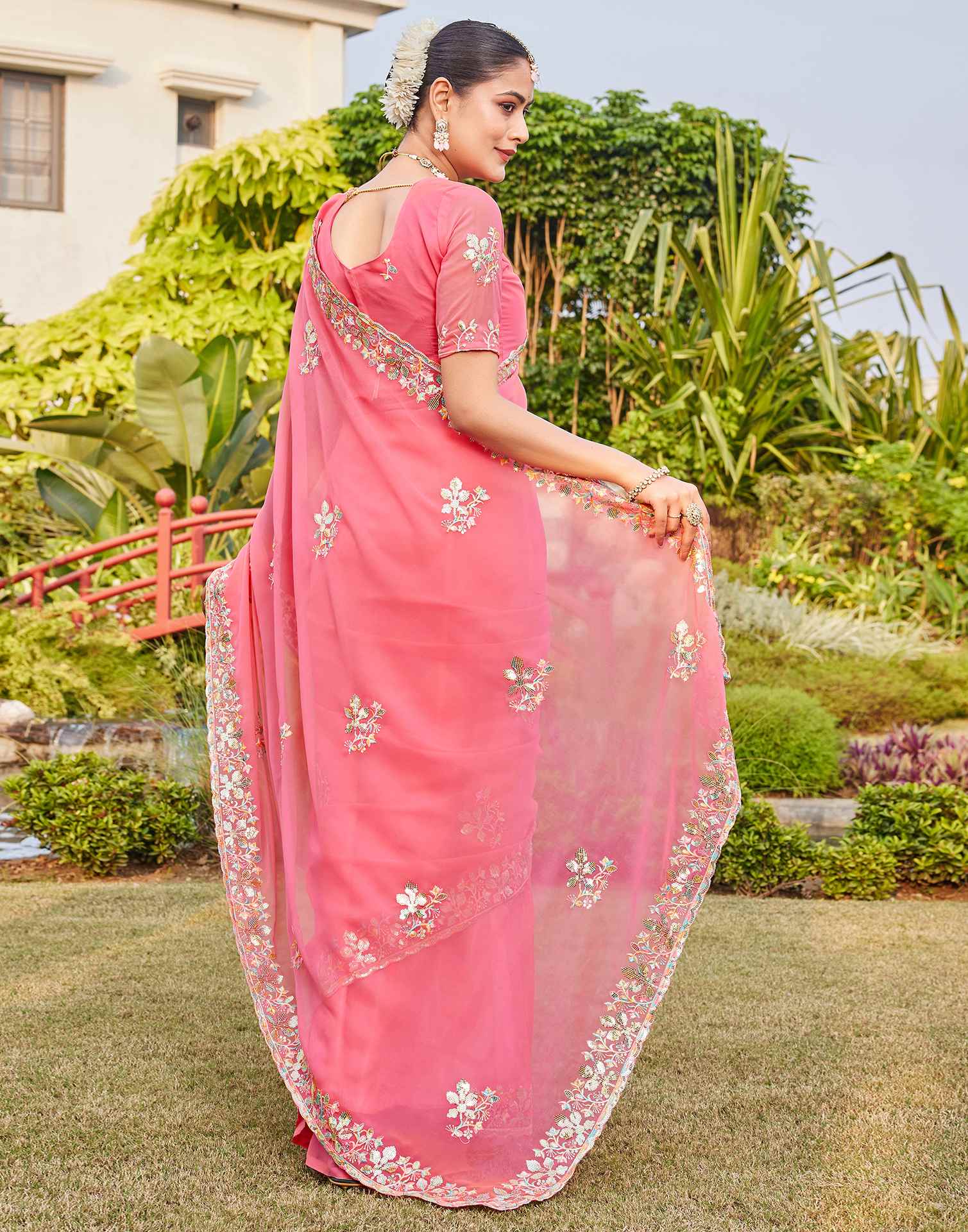 Pink Georgette Sequence Embroidery Saree