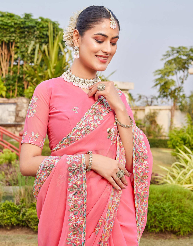 Pink Georgette Sequence Embroidery Saree