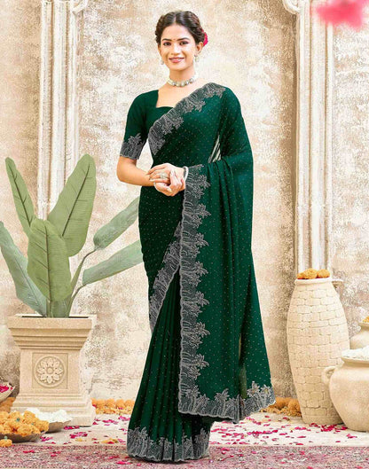 Dark Green Shimmer Stone Work Swarovski Saree