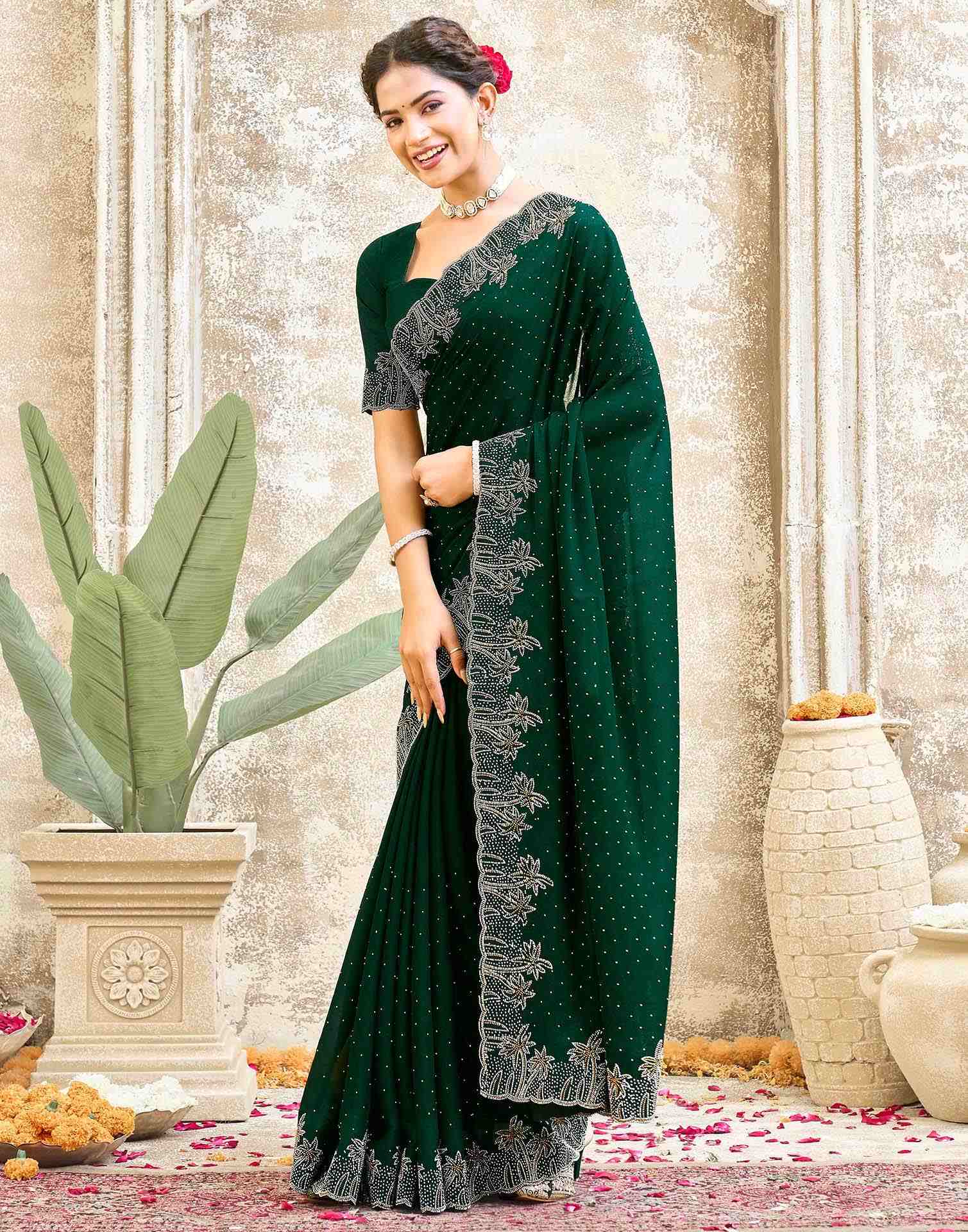 Dark Green Shimmer Stone Work Swarovski Saree