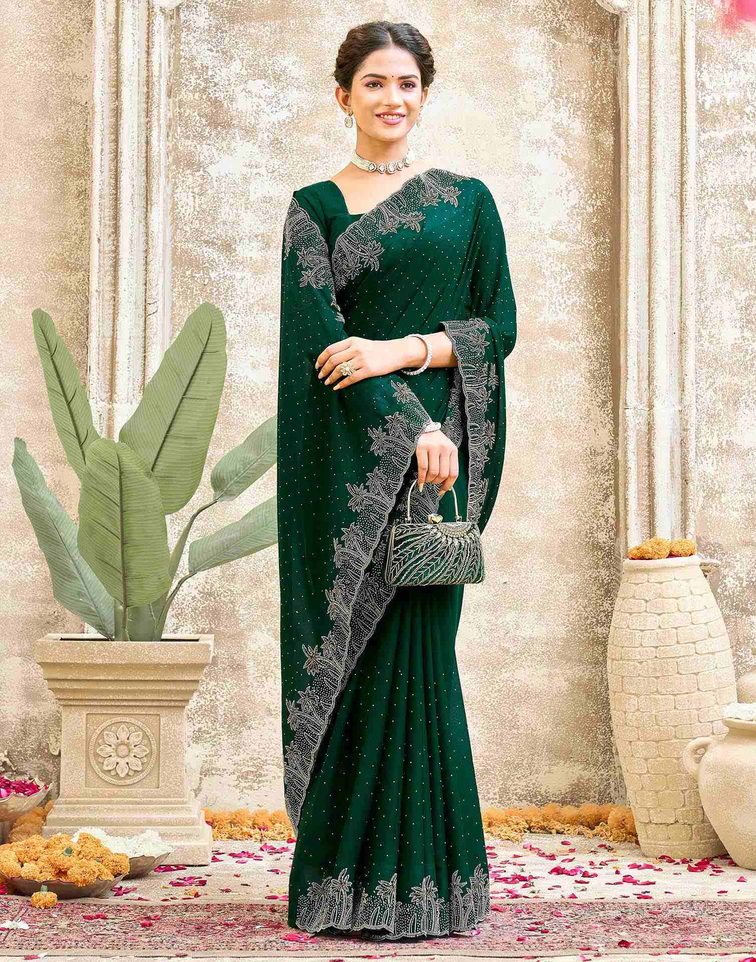Dark Green Shimmer Stone Work Swarovski Saree