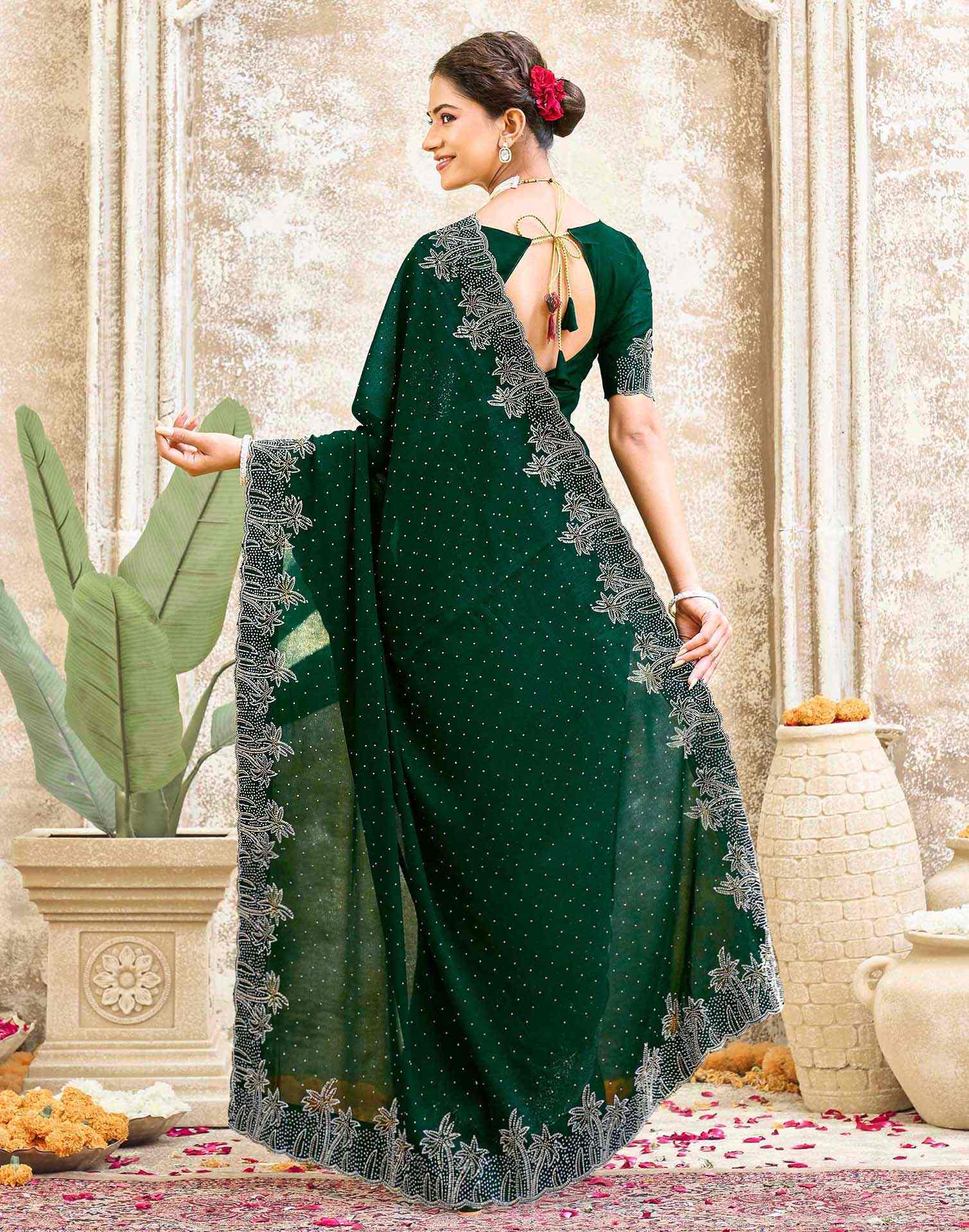 Dark Green Shimmer Stone Work Swarovski Saree