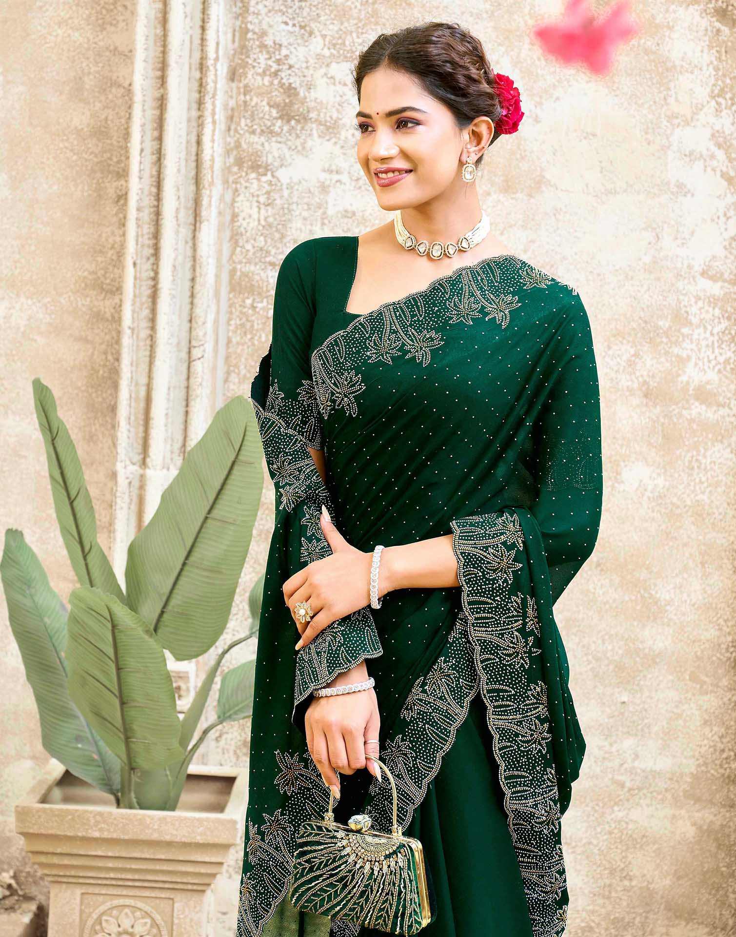 Dark Green Shimmer Stone Work Swarovski Saree