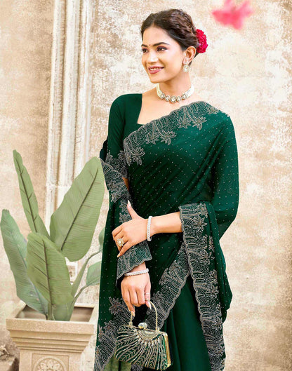 Dark Green Shimmer Stone Work Swarovski Saree