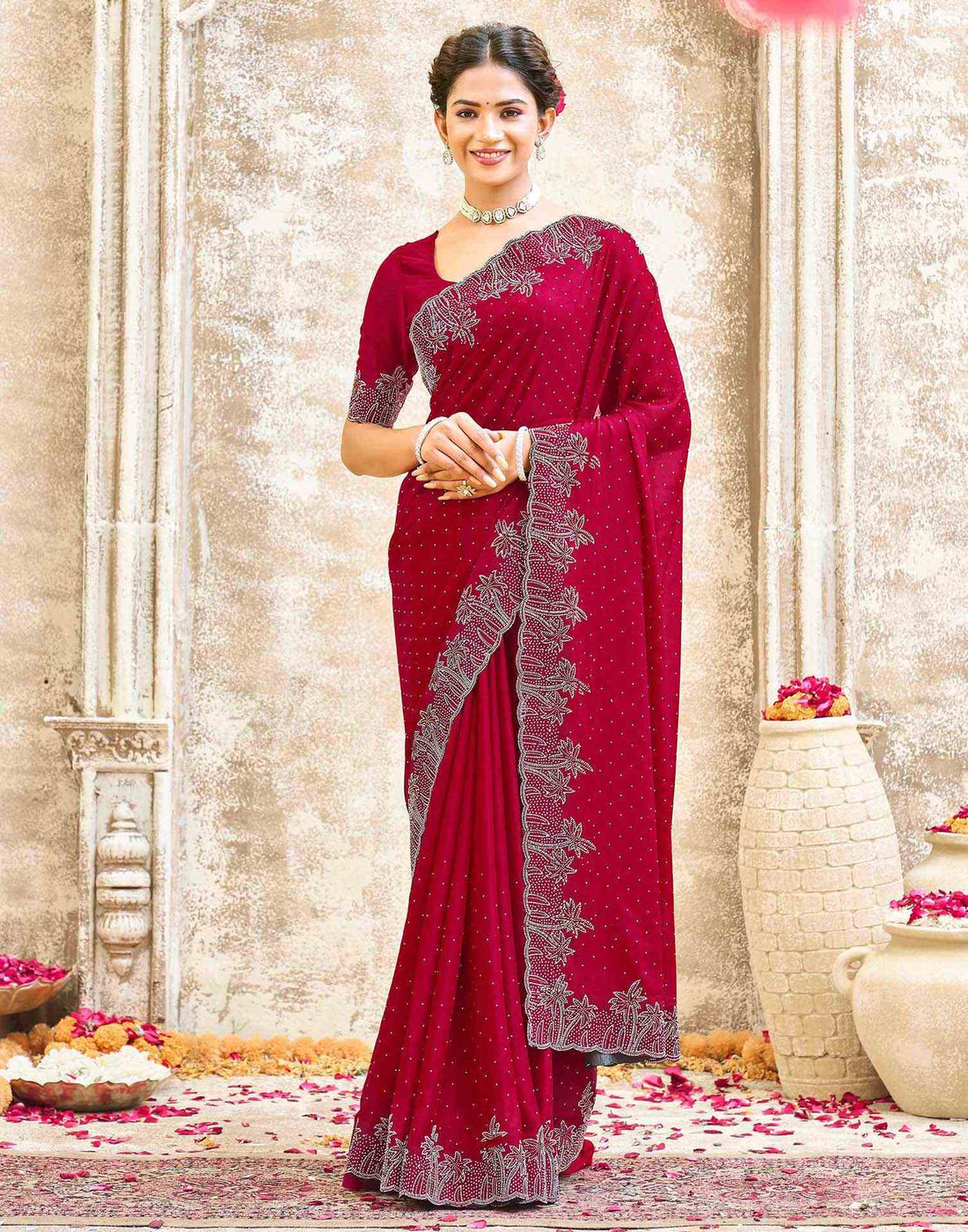 Maroon Shimmer Stone Work Swarovski Saree