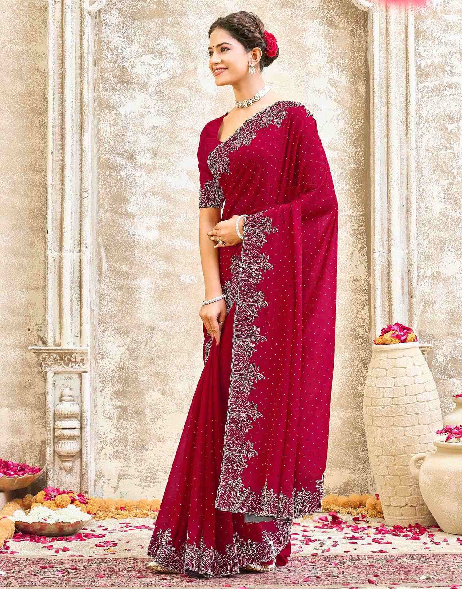 Maroon Shimmer Stone Work Swarovski Saree
