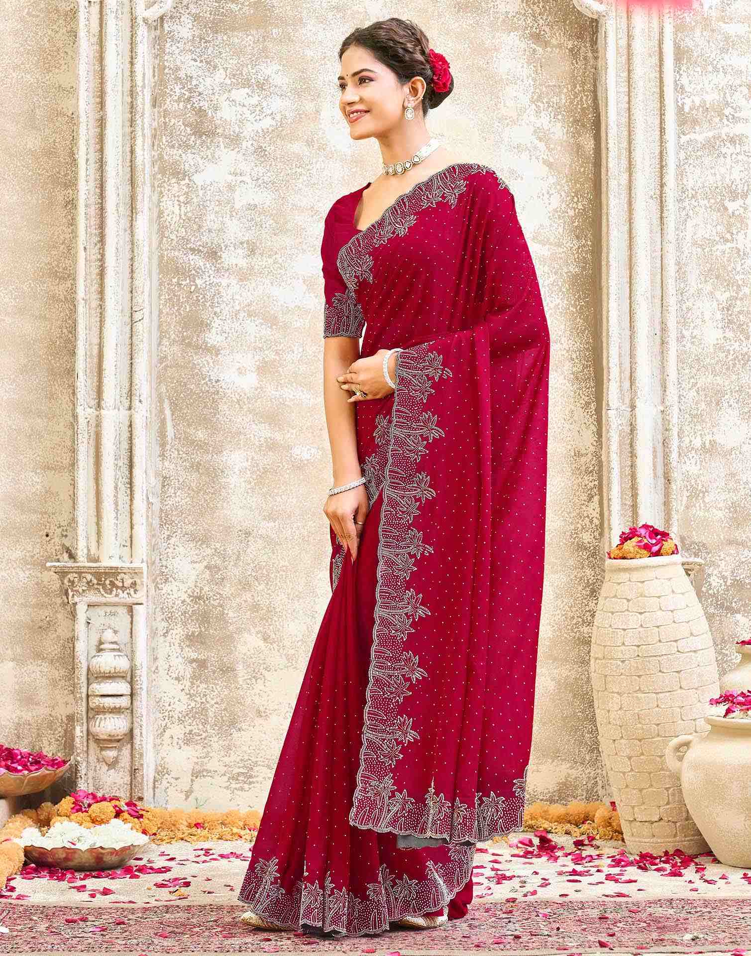 Maroon Shimmer Stone Work Swarovski Saree