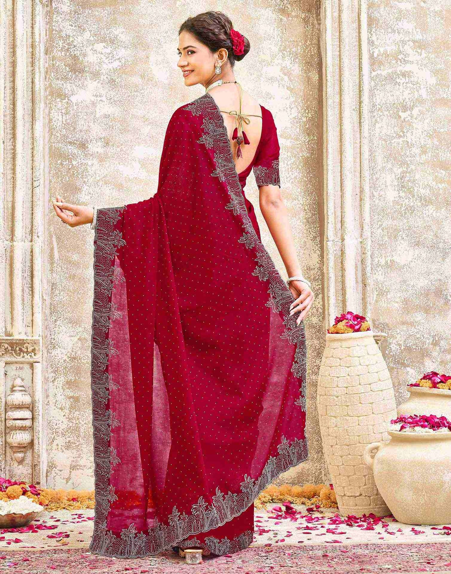 Maroon Shimmer Stone Work Swarovski Saree