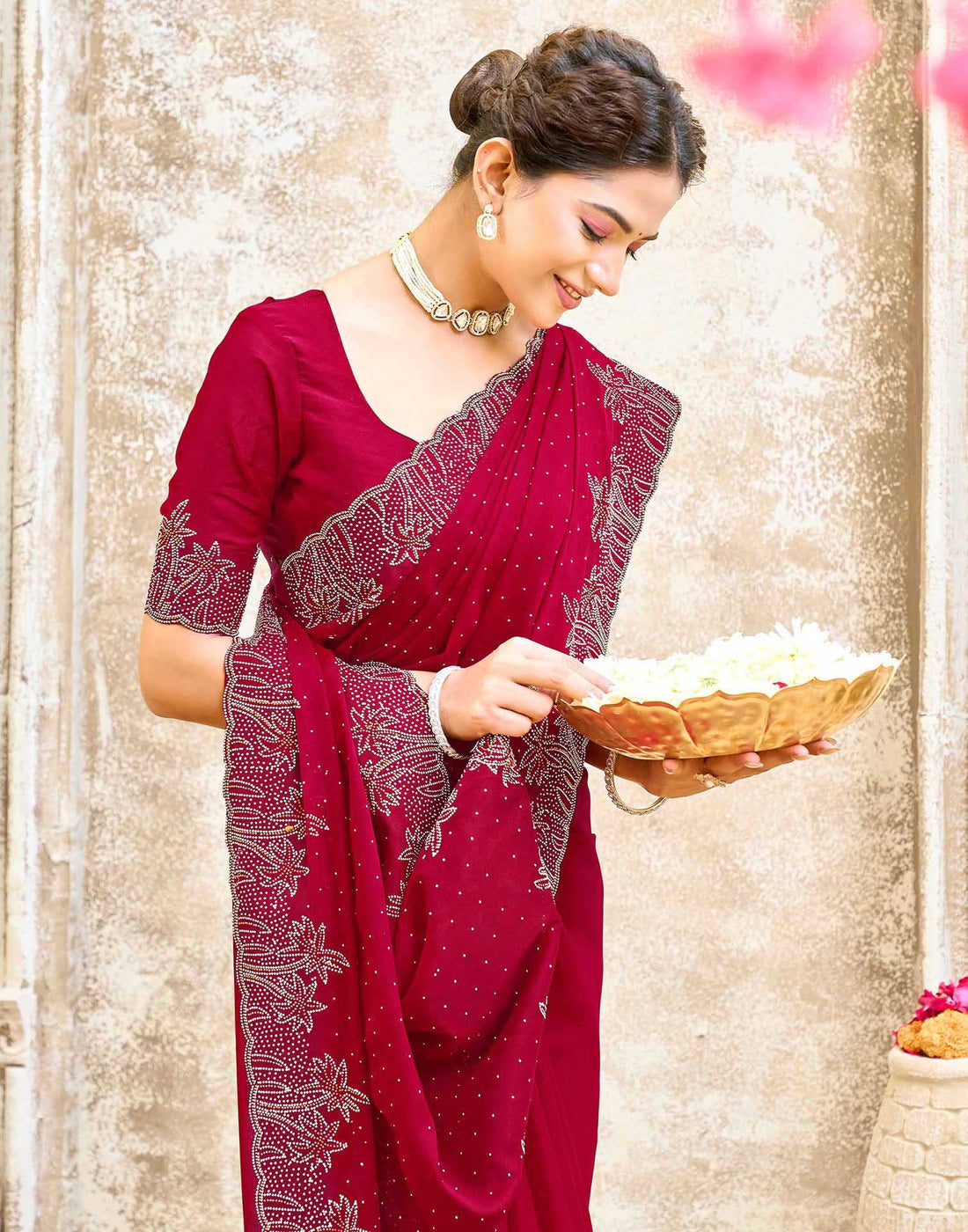 Maroon Shimmer Stone Work Swarovski Saree
