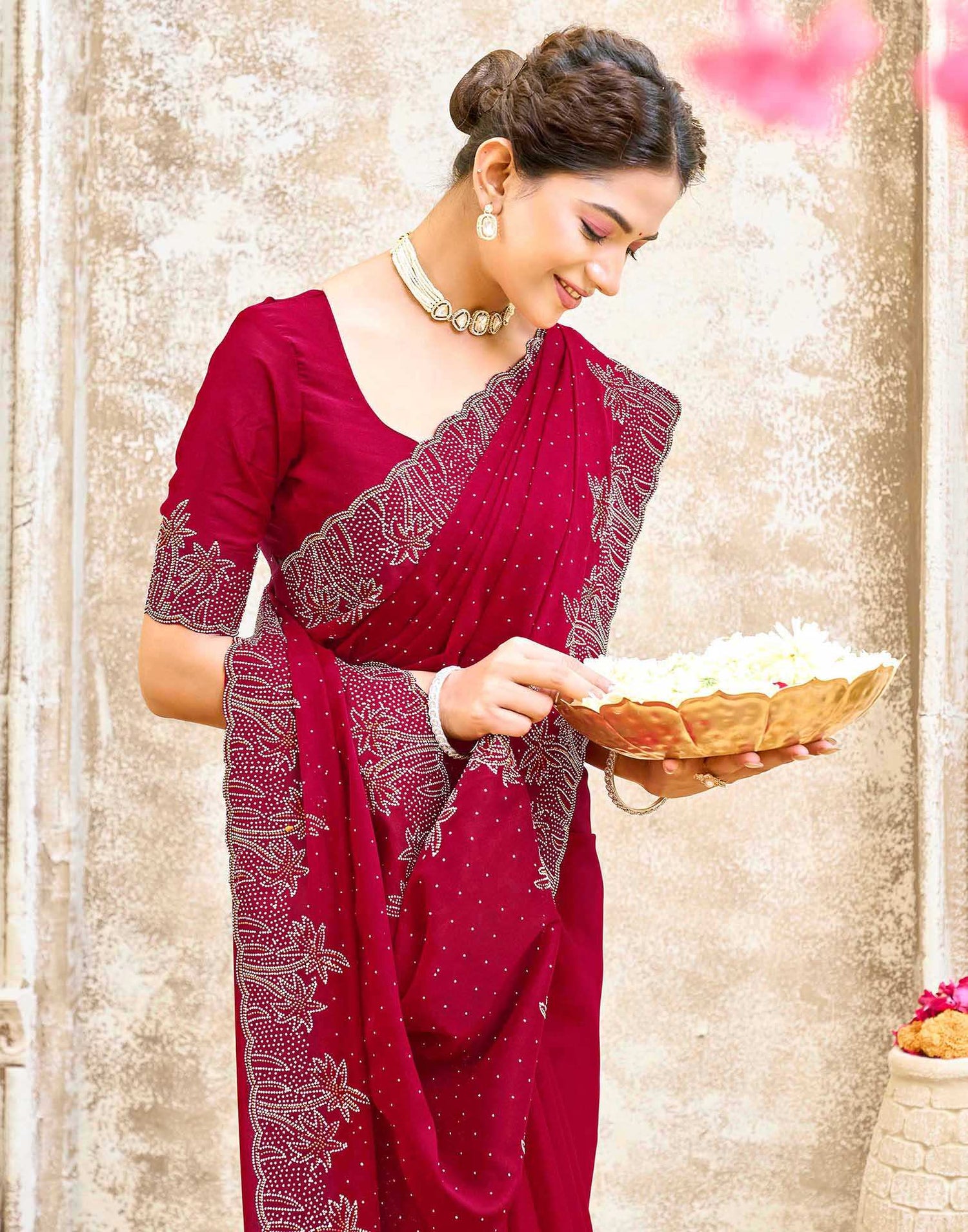 Maroon Shimmer Stone Work Swarovski Saree