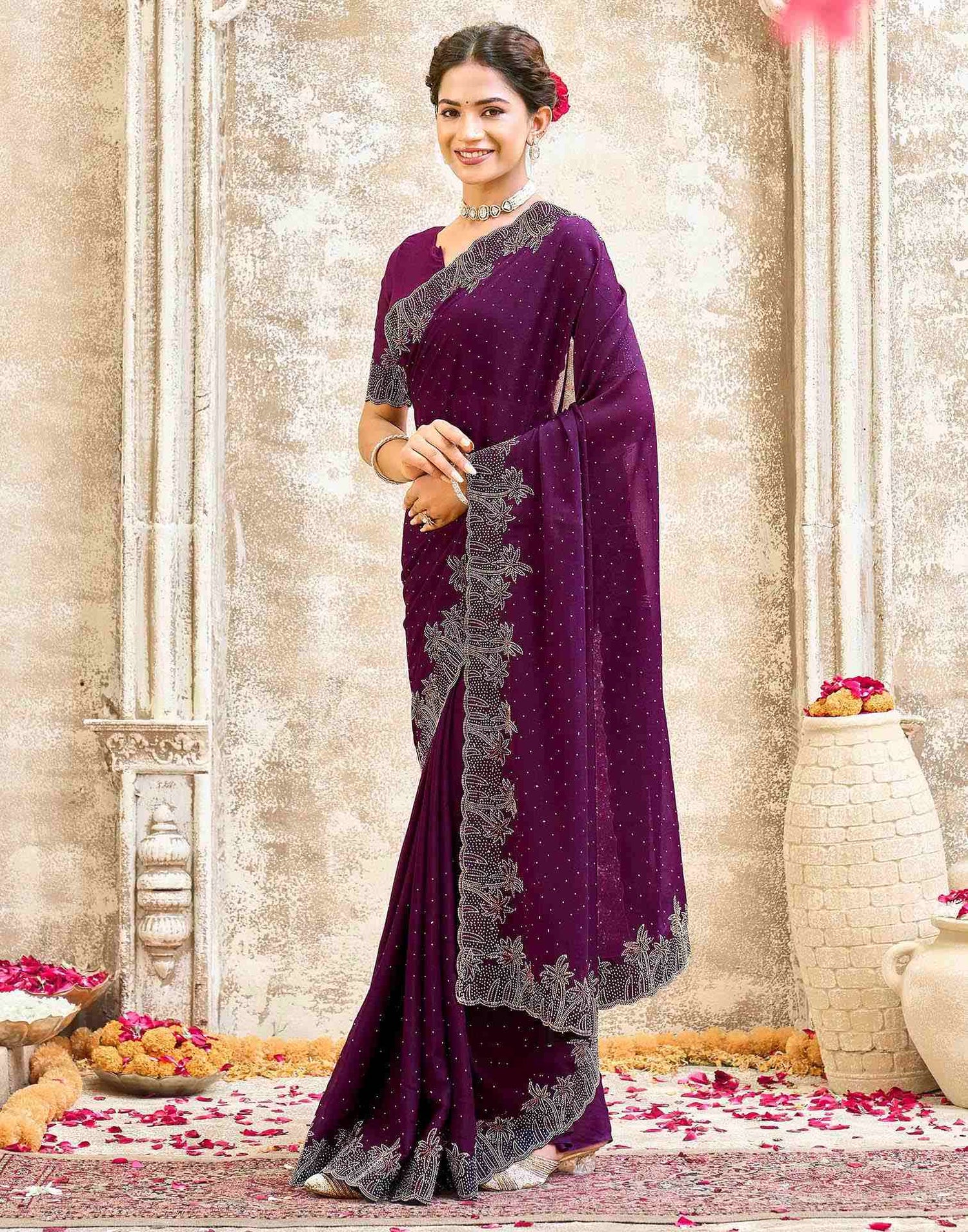 Dark Purple Shimmer Stone Work Swarovski Saree