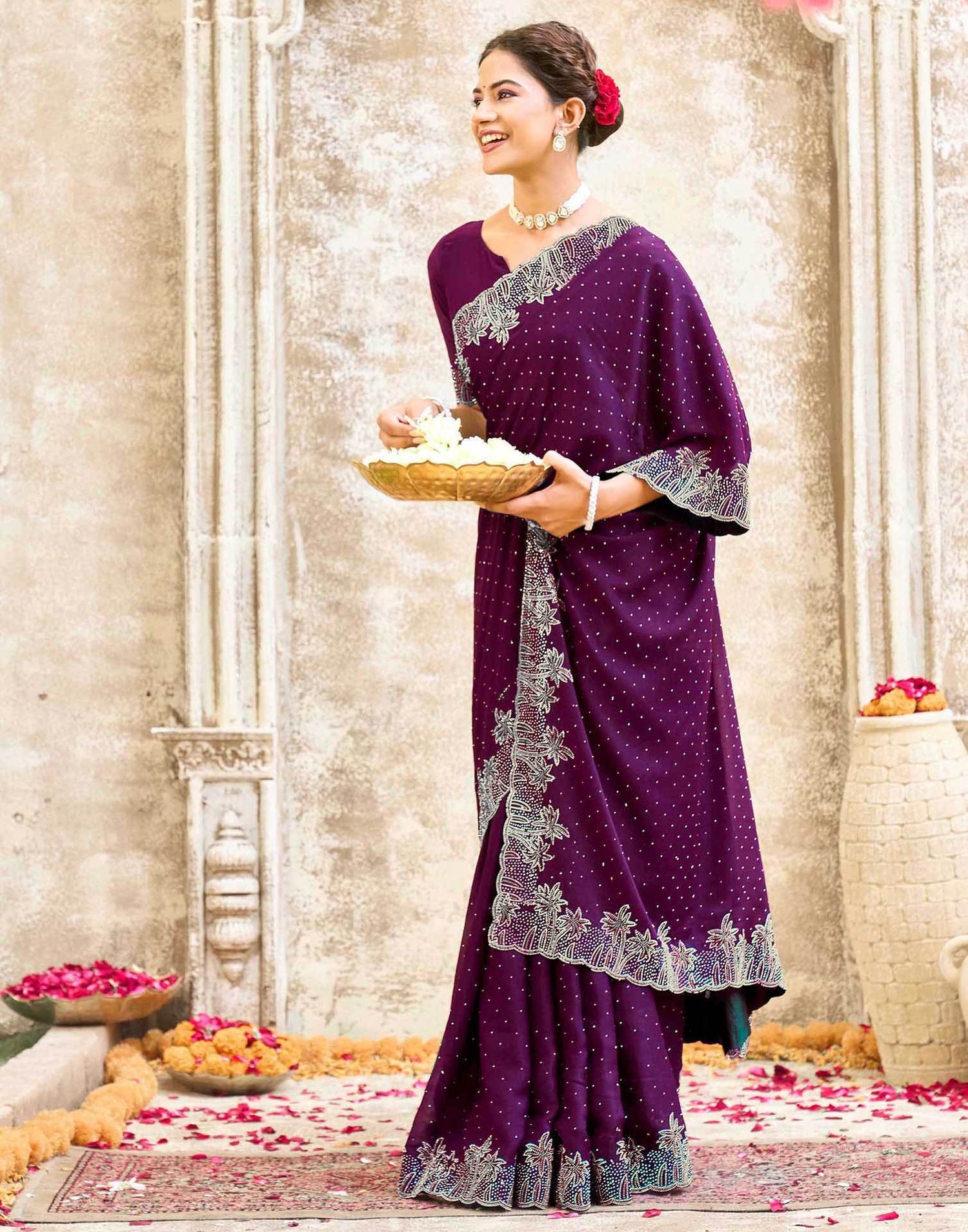 Dark Purple Shimmer Stone Work Swarovski Saree