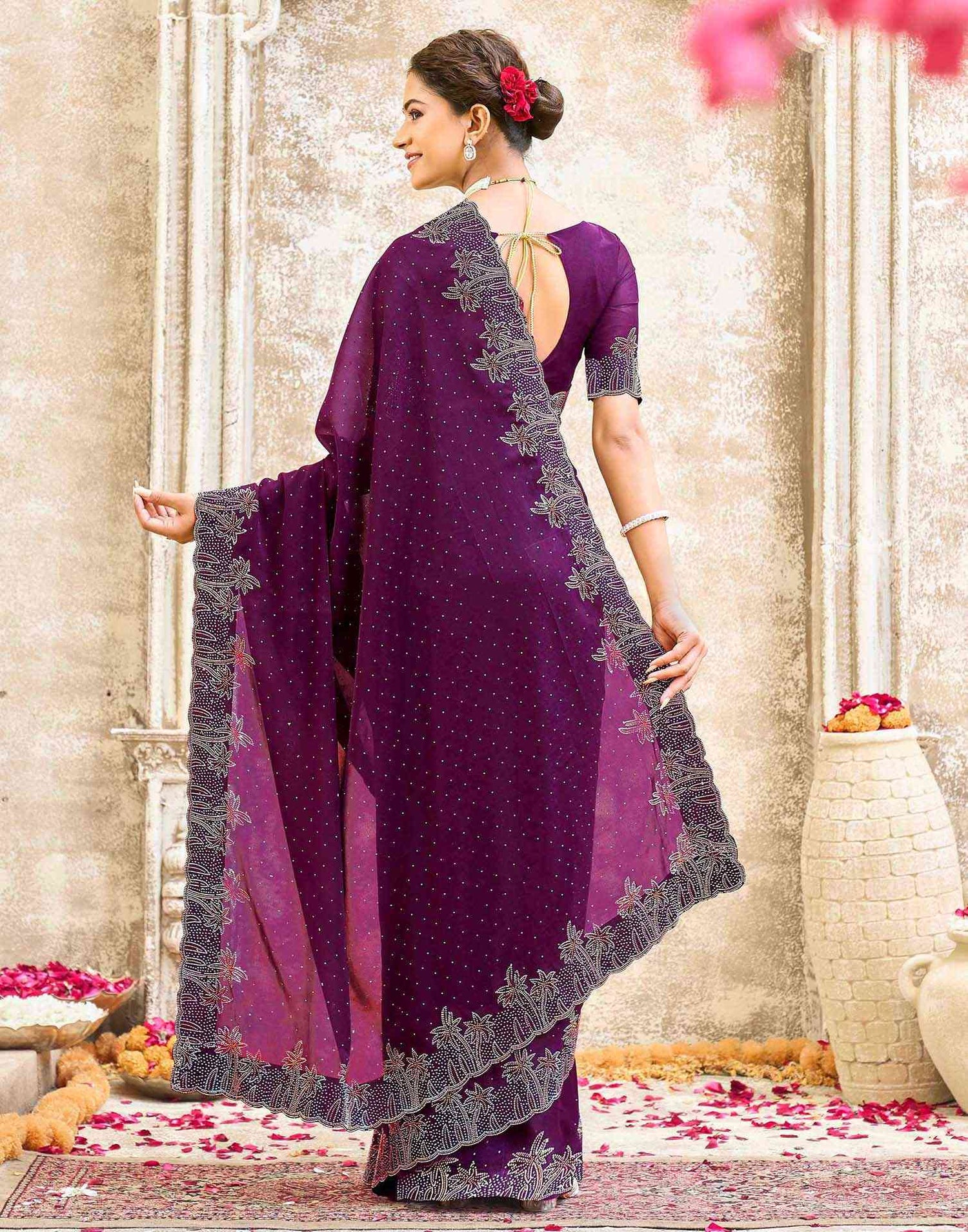 Dark Purple Shimmer Stone Work Swarovski Saree