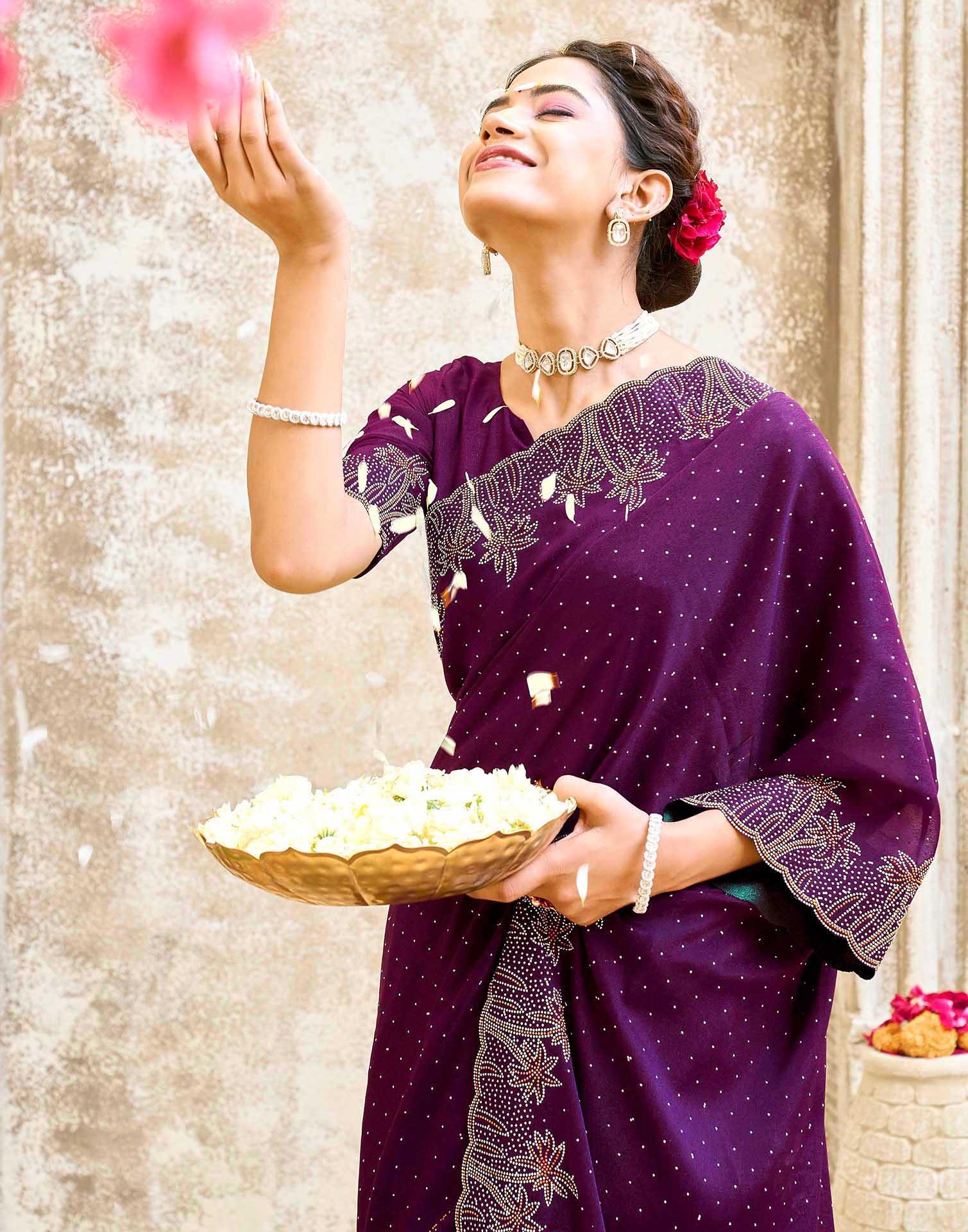 Dark Purple Shimmer Stone Work Swarovski Saree