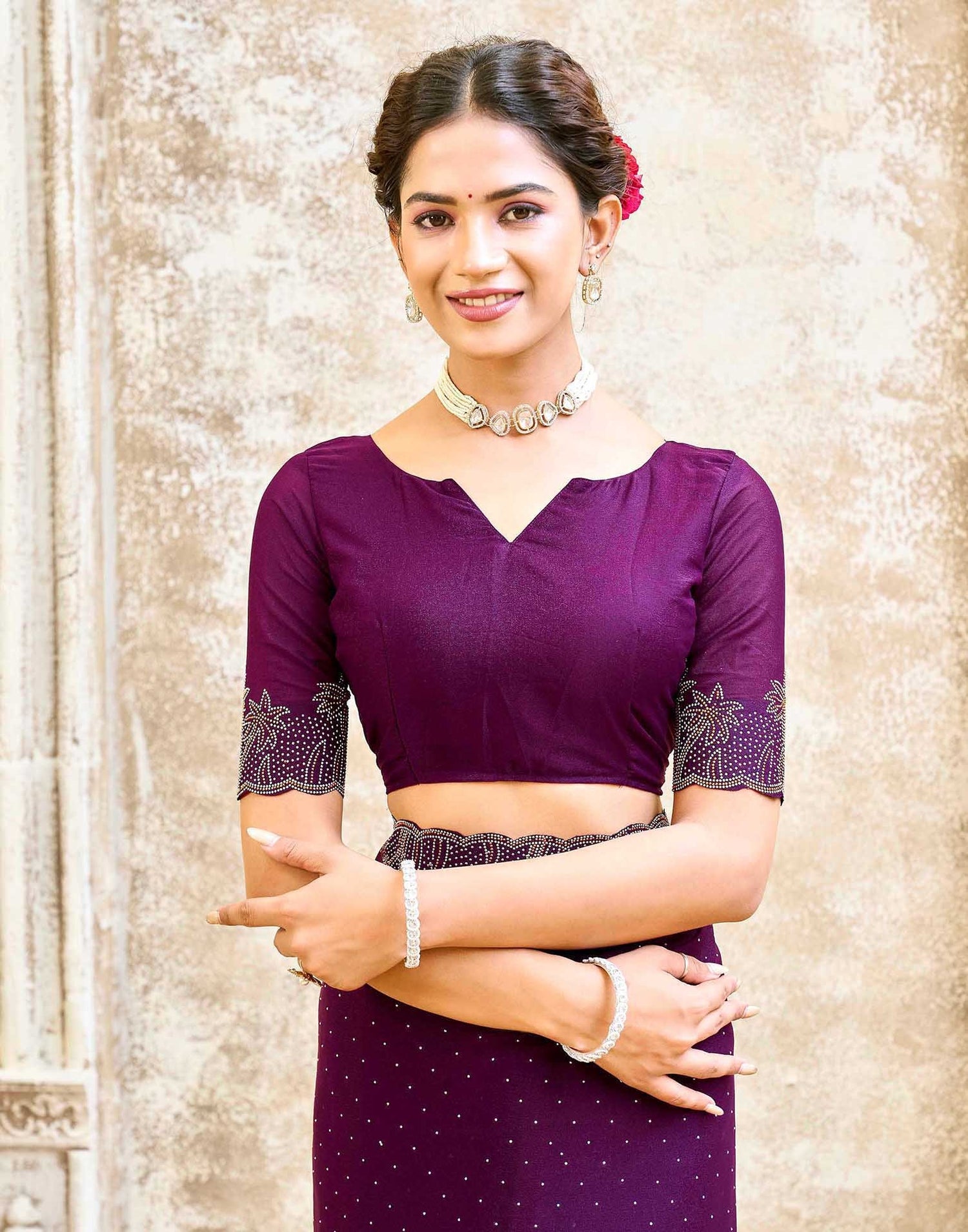 Dark Purple Shimmer Stone Work Swarovski Saree
