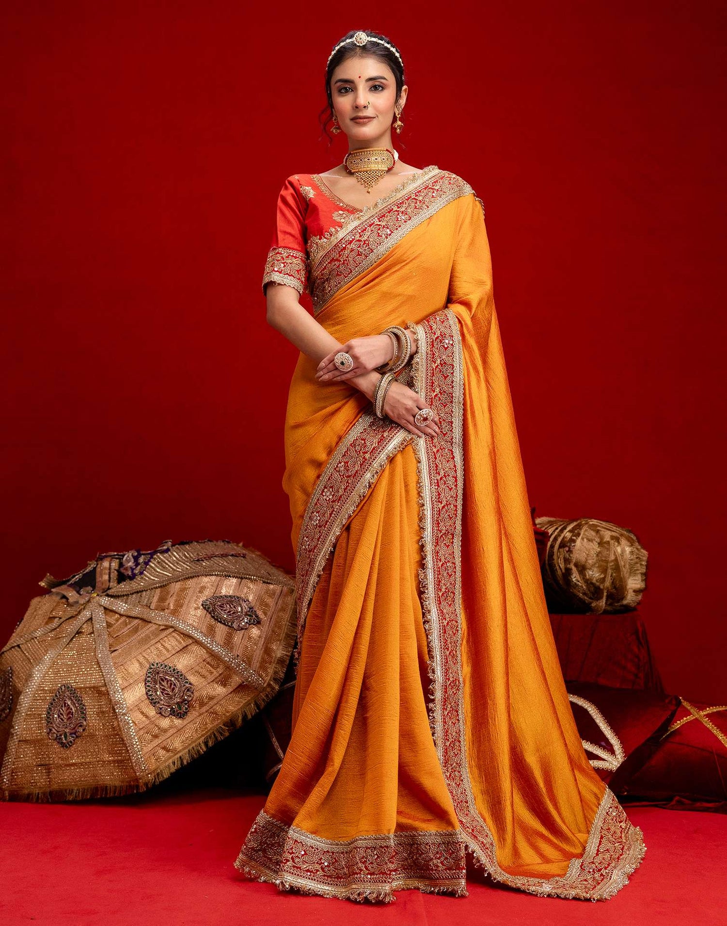 Orange Vichitra Silk Sequence Embroidery Lace Saree