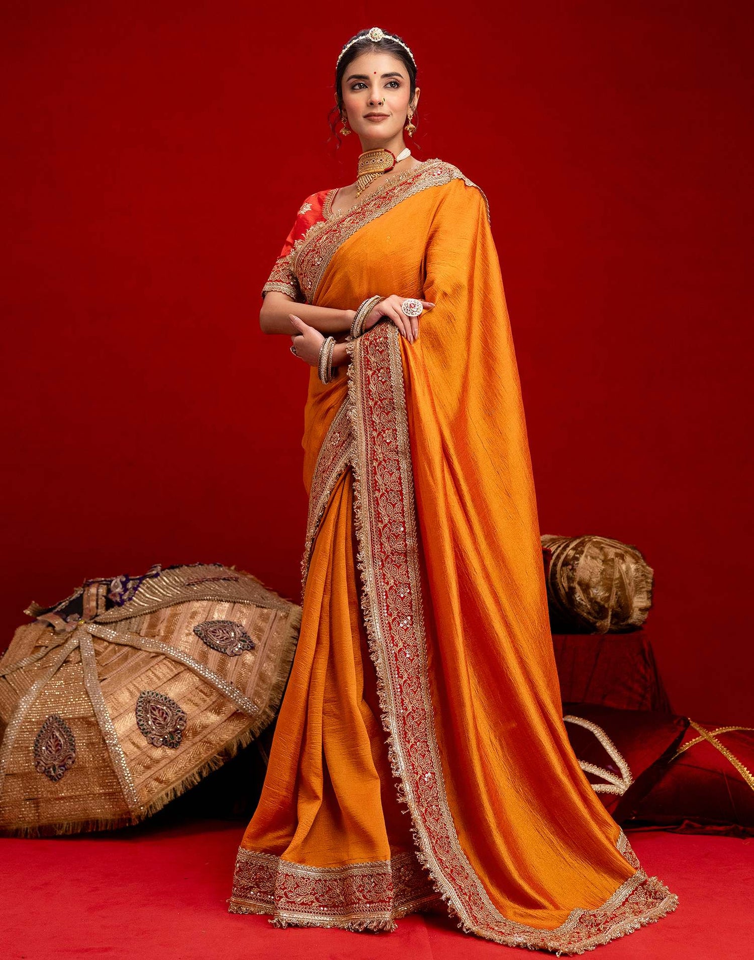Orange Vichitra Silk Sequence Embroidery Lace Saree