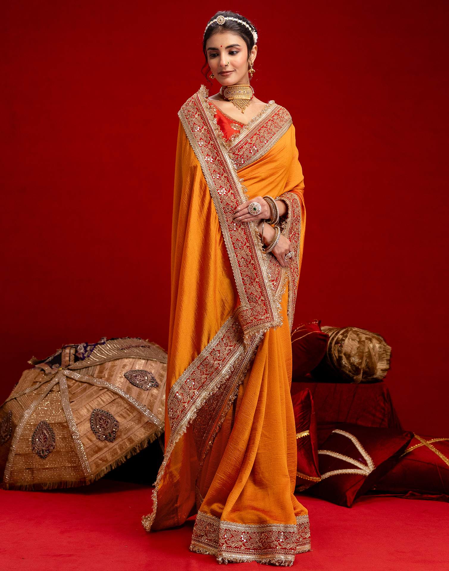 Orange Vichitra Silk Sequence Embroidery Lace Saree