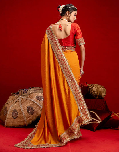 Orange Vichitra Silk Sequence Embroidery Lace Saree