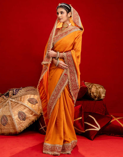 Orange Vichitra Silk Sequence Embroidery Lace Saree