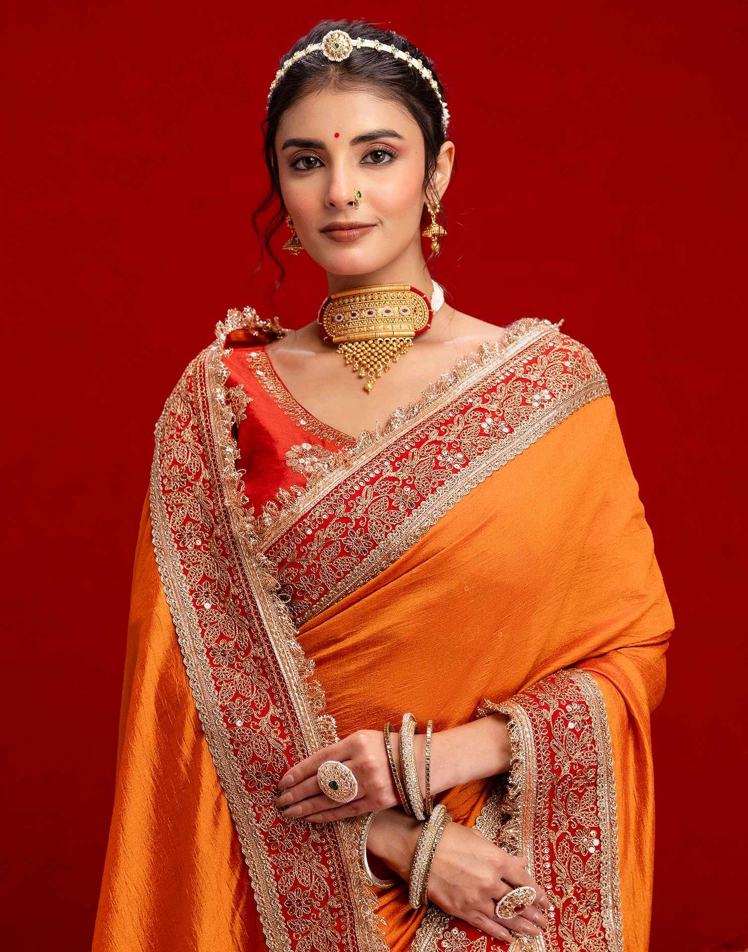 Orange Vichitra Silk Sequence Embroidery Lace Saree