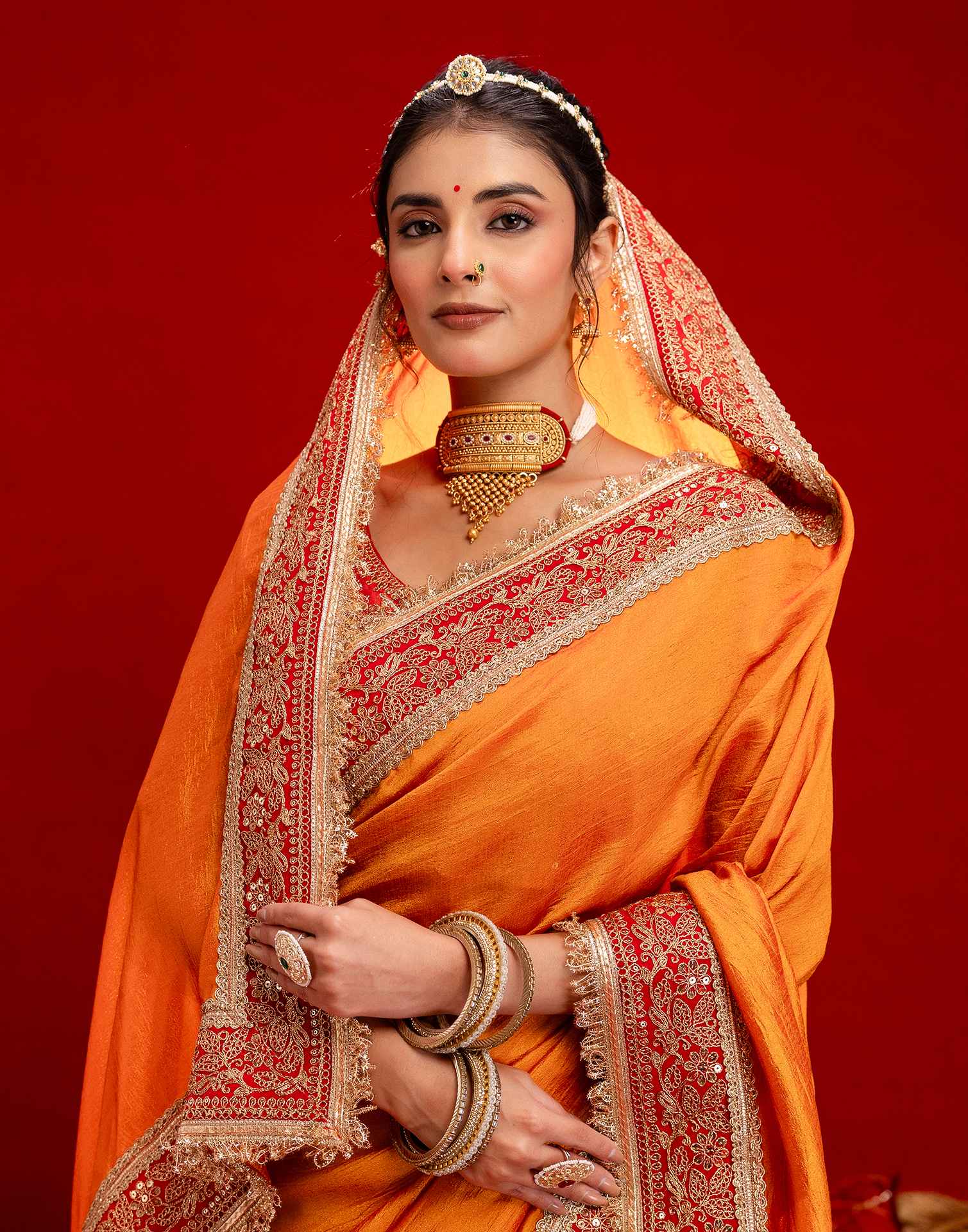 Orange Vichitra Silk Sequence Embroidery Lace Saree