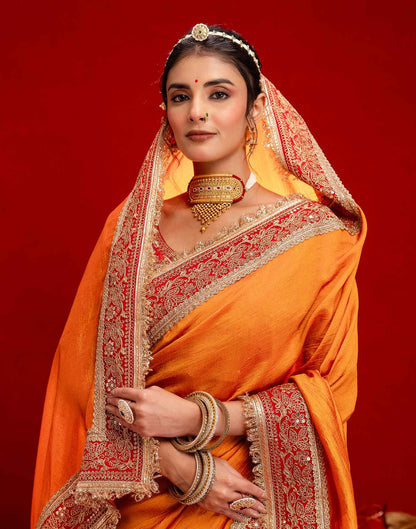 Orange Vichitra Silk Sequence Embroidery Lace Saree